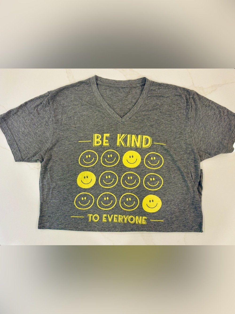 Be Kind to Everyone Women's Grey V-Neck Tee w/ Yellow Smile Graphic Teacher Tee